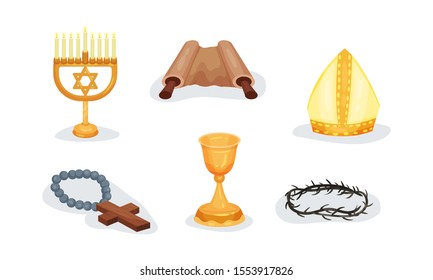 Miscellaneous Church Attributes Of The Jewish And Christian Religions Vector Illustration Set Isolated On White Background