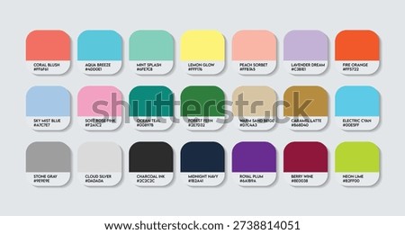 Miscellaneous Color Palette with HEX Codes and Names. Vibrant Vector Color Chart Collection. Set of 21 Random Colors with HEX Code Labels. Modern Graphic Design Vector Swatches 21 Unique Colors