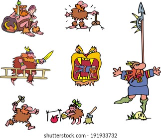 Miscellaneous comic vikings. Set of cartoon vector illustrations.