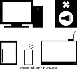 Miscellaneous computer and media equipment. Among the objects there is a stationary system unit, a monitor, a TV with an antenna and an electronic tablet with a smartphone.