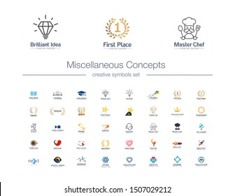 Miscellaneous Concepts creative symbols set. Idea bulb, awards, education, healthcare abstract business logo concept. Book, food, cafe, cook icons. Corporate identity logotypes, company graphic design