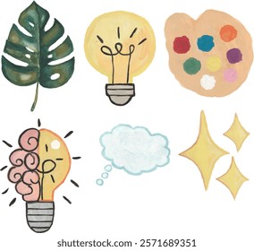 Miscellaneous creative thingking light bulb monstera palette and spark illustration