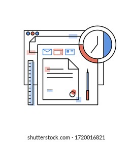 Verschiedene Dokumente und Schreibwaren, moderne Vektorgrafik.