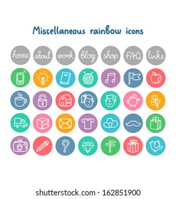 Miscellaneous doodle icons. Every icon goes in 9 colors, so you can pick color you need from corresponding layer.