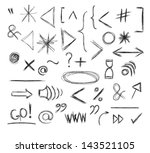 Miscellaneous Doodle Symbols, Signs, Icons and Keystrokes, including quotation, exclamation and question marks, arrows, brackets, web and interface symbols