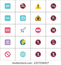 varios emojis de iconos, varios son botón OK, botón frío, botón SOS, botón ID, no entrada, no fumar, cohete, ladrón volador, globo terrestre Europa-África, globo terrestre, América