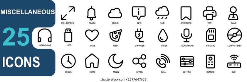 miscellaneous icon set. contains microphone,sim card,compact disc,clock,home,moon,share,call,setting,remote,wifi.style icon outline.vector good for web and app.