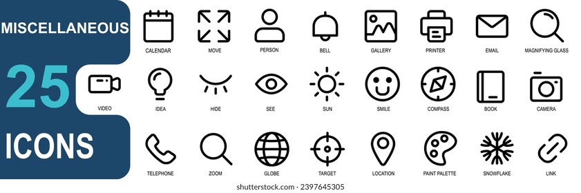 miscellaneous icon set. contains video,bulb,hide,eye,seen,light,sun,emote,direction,book,camera .style icon outline.vector good for web and app.