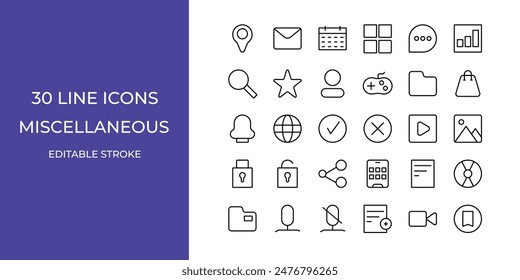 Miscellaneous icon set vector illustration editable stroke. gallery, folder, contact and more