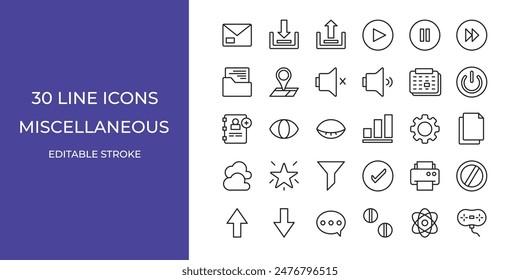 Miscellaneous icon set vector illustration editable stroke. play, pause, settings and more