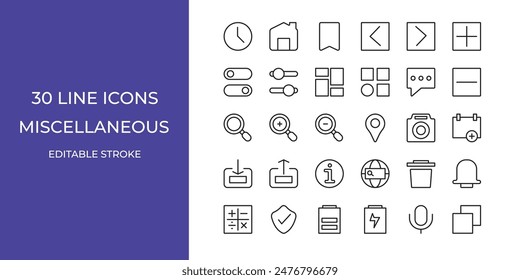 Miscellaneous icon set vector illustration editable stroke. camera, menu, calendar and more