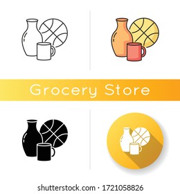 Miscellaneous icon. Supermarket items. Grocery store category. Convenience store section. Mug for drinking, cup for household. Linear black and RGB color styles. Isolated vector illustrations