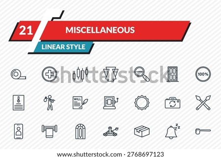 miscellaneous icons set - adhesive tape, swiss, candlesticks, snooze, measuring spoon outline vector collection.