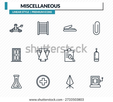 miscellaneous icons set - catapult, washboard, puncher, muay thai, wringer outline vector collection.