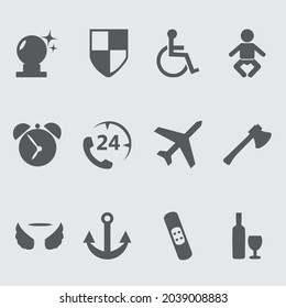 Miscellaneous icons set design template. icon set book, battery, bottle, plain, alarm clock, brush, knife foot, box design.