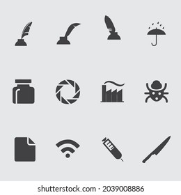 Iconos diversos establecen la plantilla de diseño. libro de iconos, batería, botella, plano, reloj despertador, pincel, pie de cuchillo, diseño de caja.