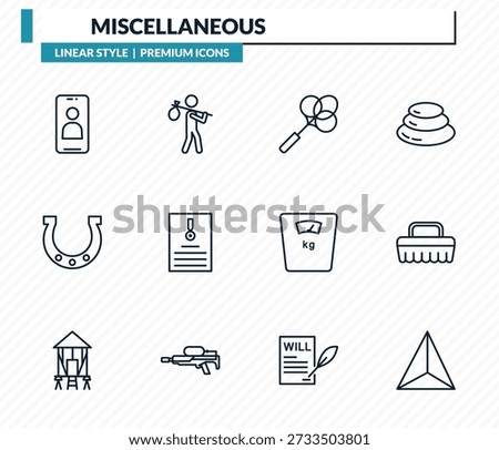 miscellaneous icons set - front camera, refugee, carpet beater, cleaning brush, sharpen outline vector collection.