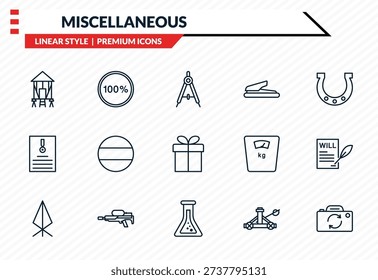 miscellaneous icons set - granary, 100 percent, enlist, alchemy, camera front outline vector collection.