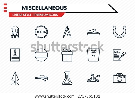miscellaneous icons set - granary, 100 percent, enlist, alchemy, camera front outline vector collection.