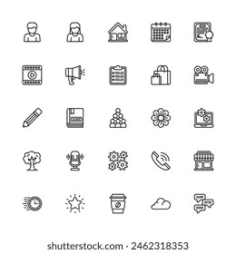 Miscellaneous Icons Set Line style. Man, Woman, Film, Pencil, Bag And More Icon. Vector Illustration Design Element