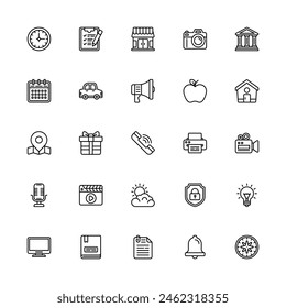 Miscellaneous Icons Set Line Style. Time, List, Store, Car, Apple, Phone And More Icon. Vector Illustration Design Element