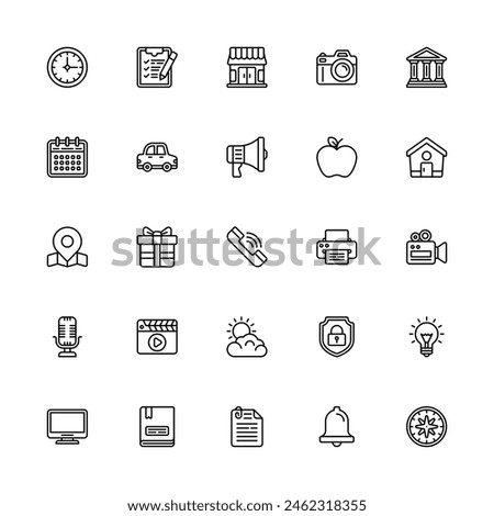 Miscellaneous Icons Set Line Style. Time, List, Store, Car, Apple, Phone And More Icon. Vector Illustration Design Element