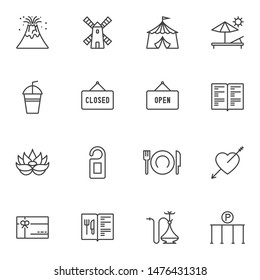 Miscellaneous icons set. linear style symbols collection, outline signs pack. vector graphics. Set includes icons as open and closed lettering, menu book, cutlery, gift card, hotel door hanger, hookah