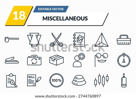 miscellaneous icons set - measuring spoon, abstract, scissor, candlesticks, muay thai outline vector collection.