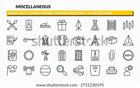miscellaneous icons set - spears, front camera, puncher, cleaning brush, thinking solutions outline vector collection.