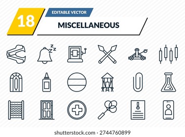 miscellaneous icons set - stapler remover, snooze, wringer, enlist, front camera outline vector collection.
