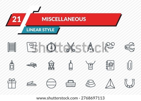 miscellaneous icons set - washboard, body weight, compass pointing north, sharpen, horseshoes outline vector collection.