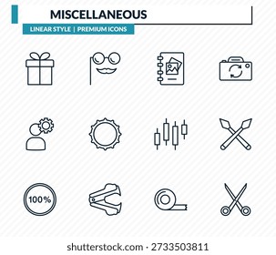 conjunto de ícones diversos - presente embrulhado, óculos divertidos, scrapbook, lanças, coleção de vetores de contorno de tesoura.
