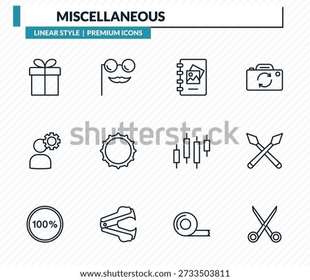 miscellaneous icons set - wrapped gift, fun glasses, scrapbook, spears, scissor outline vector collection.