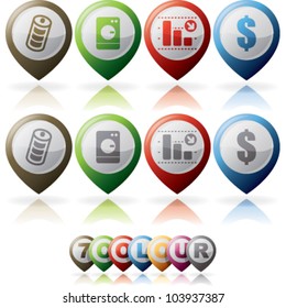 Miscellaneous internet (web) icons set, pictured here from left to right: Battery, Washing machine, Diagram, Dollar sign.