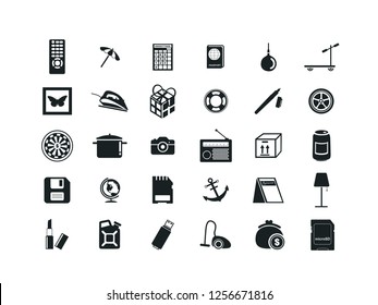 Miscellaneous items vector icon set.
Contains such Icons as umbrella, butterfly, enema, pan, wheel, darts, anchor, globe, scooter, lifebuoy, box, gift.
Editable.