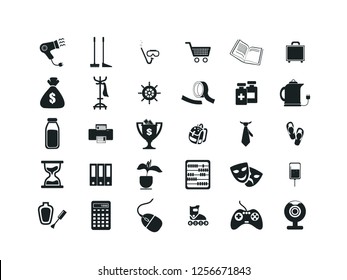 Miscellaneous items vector icon set.
Contains such Icons as vacuum cleaner, glasses, alarm clock, kettle, money, bag, anchor, wallet, adhesive tape, printer, diamond, folders, briefcase.
Editable