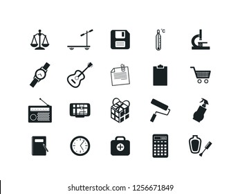 Miscellaneous items vector icon set.
Contains such Icons as scales, scooter, guitar, radio, watch, shopping trolley, thermometer, roller, varnish, navigator, gift.
Editable.