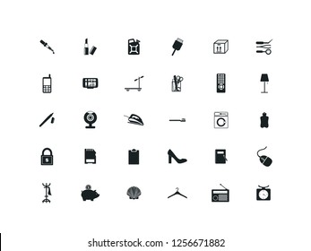 Miscellaneous items vector icon set.
Contains such Icons as vacuum cleaner, glasses, alarm clock, kettle, money, bag, anchor, wallet, adhesive tape, printer, diamond, folders, briefcase.
Editable