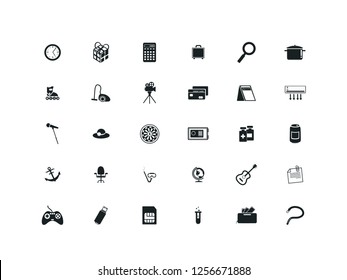 Miscellaneous items vector icon set.
Contains such Icons as vacuum cleaner, glasses, alarm clock, kettle, money, bag, anchor, wallet, adhesive tape, printer, diamond, folders, briefcase.
Editable
