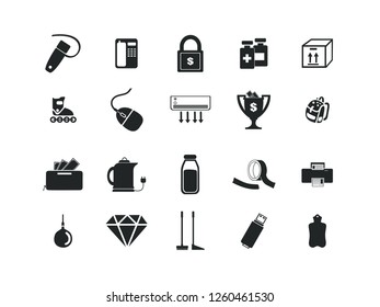 Miscellaneous items vector icon set.
Contains such Icons as telephone, earphone, lock, cup
Editable.