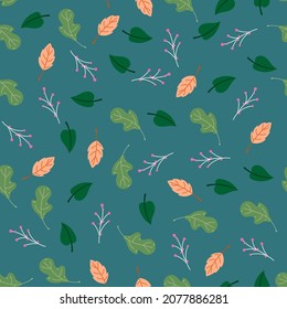 miscellaneous leaves seamless vector pattern on dark mate blue color background and wallpaper