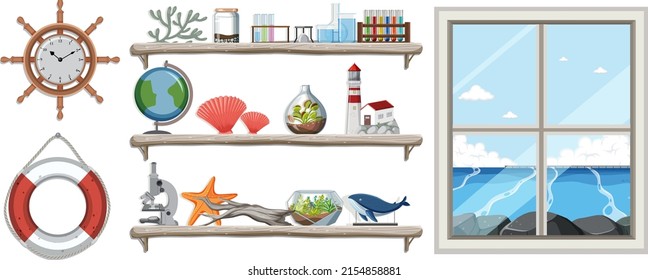 Miscellaneous objects on wall shelves illustration