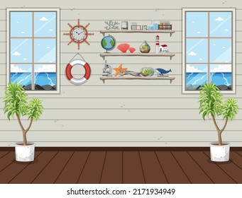 Miscellaneous Objects On Wall Shelves In The Room Illustration