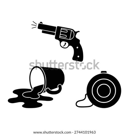 Miscellaneous Objects Set including Revolver Gun Spilled Coffee and Spool Silhouettes