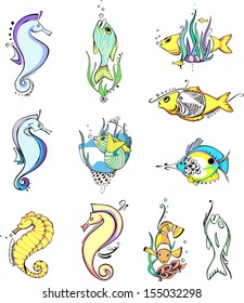 Miscellaneous stylized fish. Set of color vector animal icons.