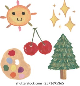 Miscellaneous sun, spark, cherry, palette, tree illustration