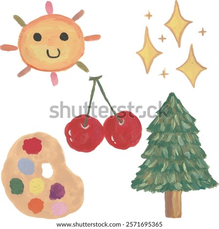 Miscellaneous sun, spark, cherry, palette, tree illustration
