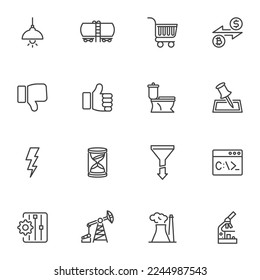 Miscellaneous theme line icons set, outline vector symbol collection, linear style pictogram pack. Signs, logo illustration. Set includes icons as password key, office telephone, bathtub, solar panel