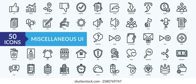 Miscellaneous UI icon collection set with like, graph, direction, dislike, verified