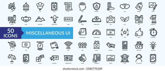 Miscellaneous UI icon collection set with chart,cake,hat,menu,note